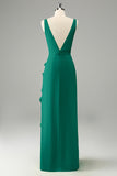 Lime Sheath V Neck Floral Open Back Bridesmaid Dress with Ruffle Slit