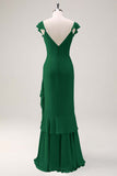 Dusty Sage Sheath V Neck Open Back Chiffon Long Bridesmaid Dress with Ruffles