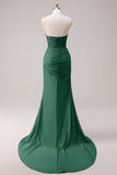 Glitter Fuchsia Mermaid Strapless Ruched Corset Long Prom Dress With Slit