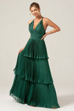 Dark Green A-Line Tiered Floor Length Chiffon Bridesmaid Dress