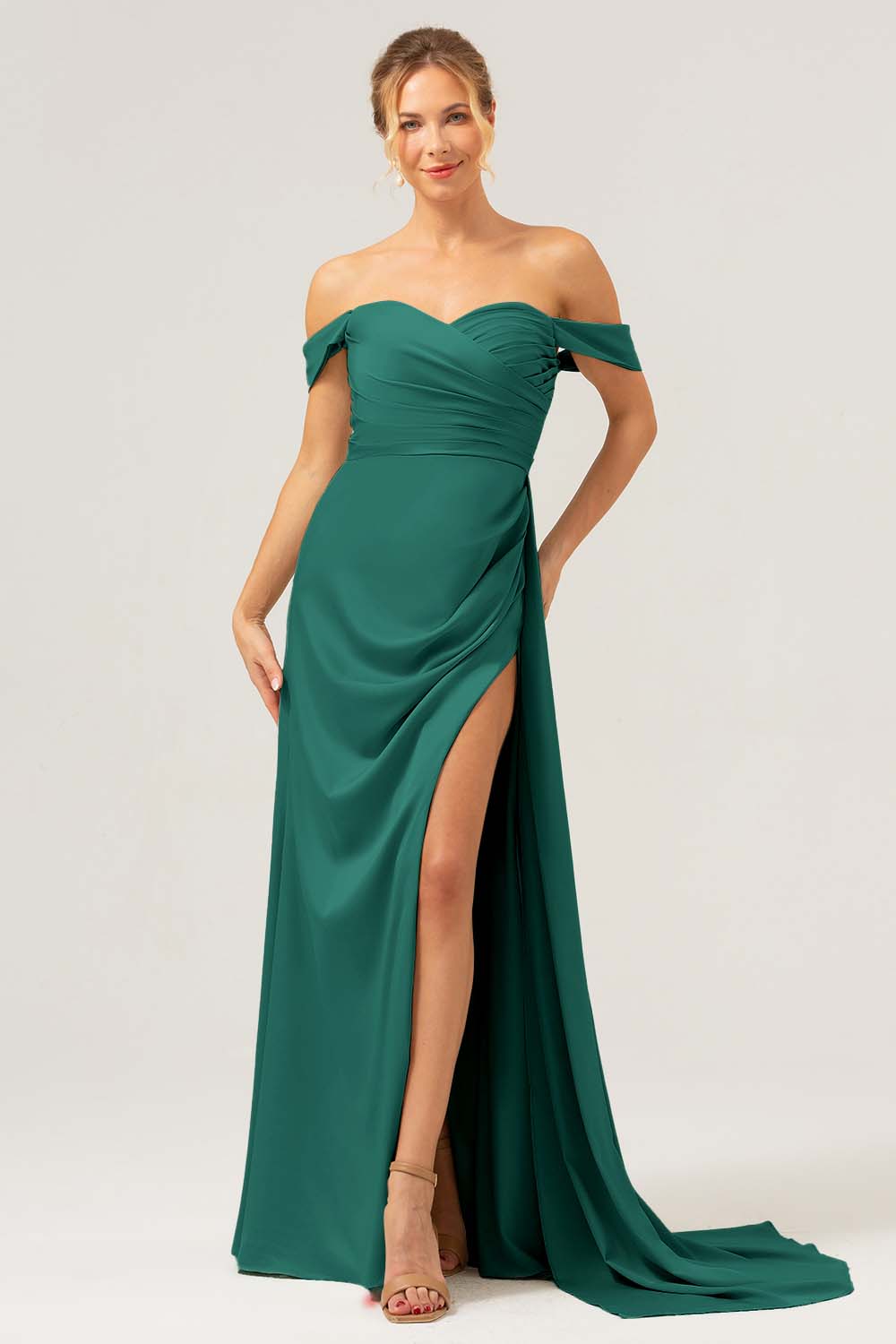 Wedtrend Women Stylish Dark Green Long Bridesmaid Dress with Slit Side Streamer Mermaid Off The Shoulder Pleated Satin Formal Dress WEDTREND Wedtrend Women Stylish Dark Green Long Bridesmaid Dress with Slit Side Streamer Mermaid Off The Shoulder Pleated Satin Formal Dress WEDTREND