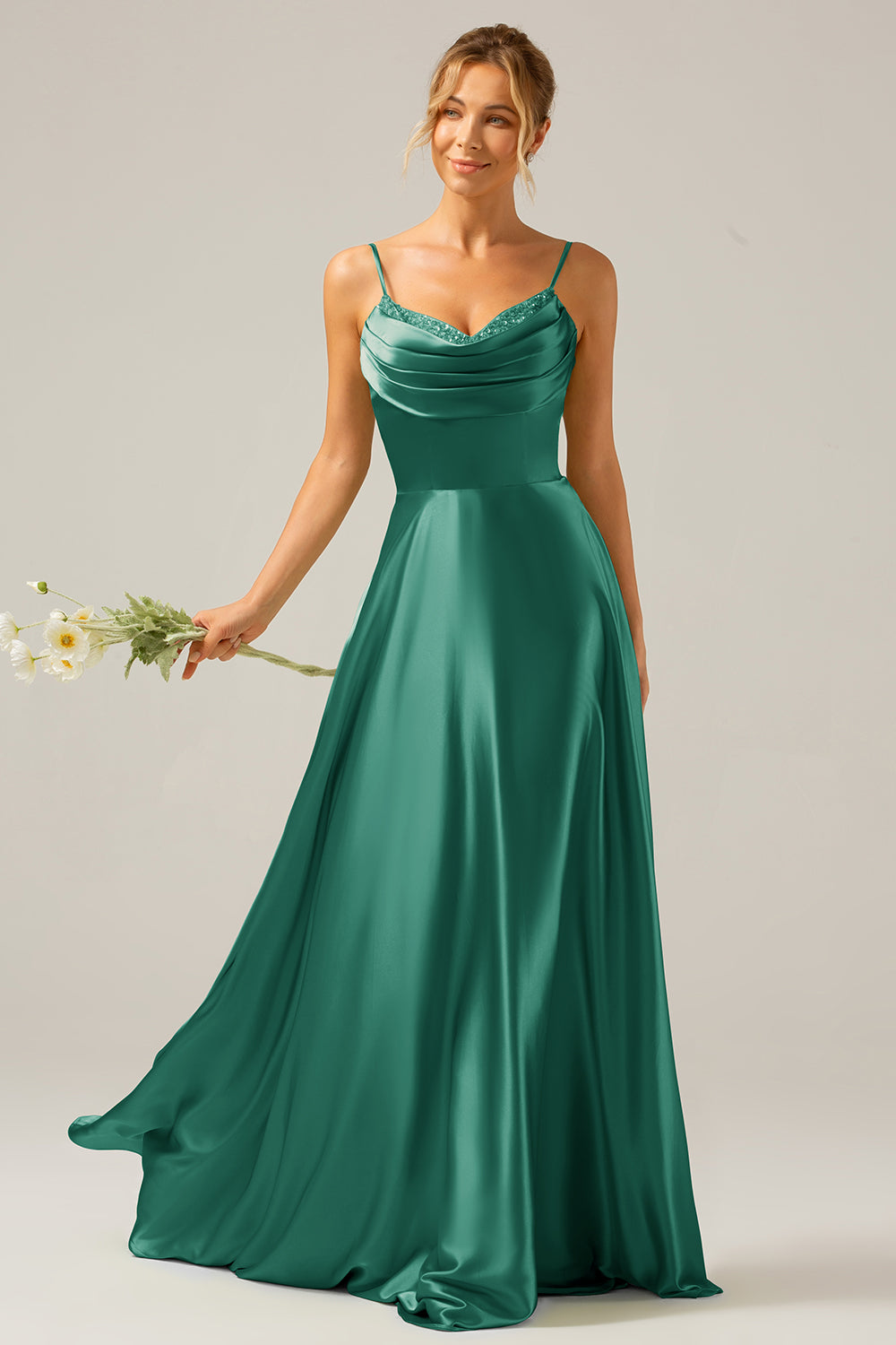 Wedtrend Women Dusty Blue Bridesmaid Dress A-Line Cowl Neck Spaghetti Straps Long Wedding Party Dress With Sequins WEDTREND Wedtrend Women Dusty Blue Bridesmaid Dress A-Line Cowl Neck Spaghetti Straps Long Wedding Party Dress With Sequins WEDTREND