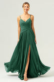 A Line Spaghetti Straps Pleated Long Eucalyptus Bridesmaid Dress with Slit