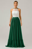 A-Line Halter Pleated Keyhole Chiffon Bridesmaid Dress With Lace