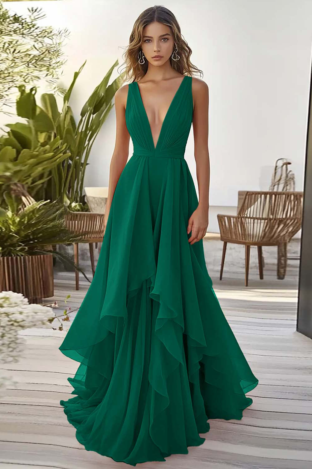 WEDTREND Women Dusty Sage Formal Dress With Ruffles V Neck A Line Long Wedding Guest Dress WEDTREND Women Dusty Sage Formal Dress With Ruffles V Neck A Line Long Wedding Guest Dress