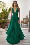 Dusty Sage V Neck A Line Long Formal Dress With Ruffles