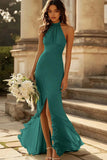 Dusty Sage Mermaid Halter Ruched Long Bridesmaid Dress With Slit