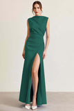 Black Bateau Neck Sheath Long Formal Dress With Slit