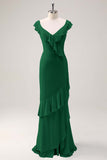 Dusty Sage Sheath V Neck Open Back Chiffon Long Bridesmaid Dress with Ruffles