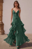 Dusty Blue Spaghetti Straps Chiffon A-Line Ruffled Bridesmaid Dress