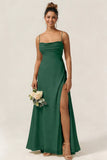Green Flower A Line Spaghetti Straps Chiffon Long Bridesmaid Dress with Slit