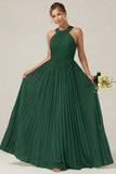 Dusty Sage A Line Halter Pleated Long Bridesmaid Dress