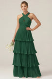 Lilac Halter Keyhole A Line Tiered Ruffle Pleated Bridesmaid Dress