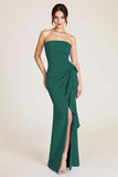 Dusty Sage Strapless Mermaid Ruched Wedding Guest Dress with Slit