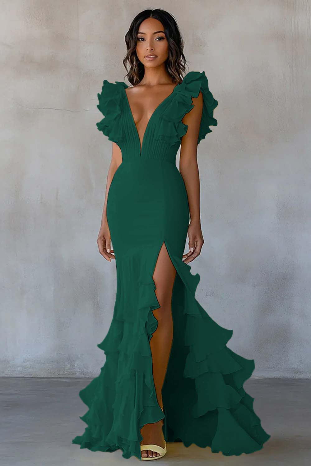 WEDTREND Women Daffodil Formal Dress With Slit Mermaid V Neck Ruffle Long Wedding Party Dress WEDTREND Women Daffodil Formal Dress With Slit Mermaid V Neck Ruffle Long Wedding Party Dress