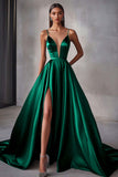 Dark Green Spaghetti Straps Satin A Line Formal Dress With Slit