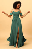 A Line Spaghetti Straps Long Chiffon Bridesmaid Dress With Slit