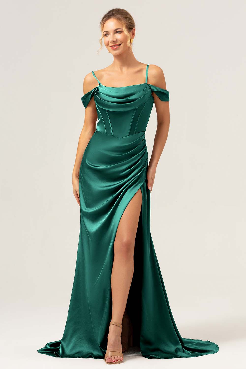 Wedtrend Women Dark Navy Long Satin Bridesmaid Dress with Slit Mermaid Cold Shoulder Ruched Corset Formal Dress WEDTREND Wedtrend Women Dark Navy Long Satin Bridesmaid Dress with Slit Mermaid Cold Shoulder Ruched Corset Formal Dress WEDTREND
