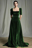 Olive Velvet A-Line Square Neck Ruched Maxi Holiday Dress with Sleeves