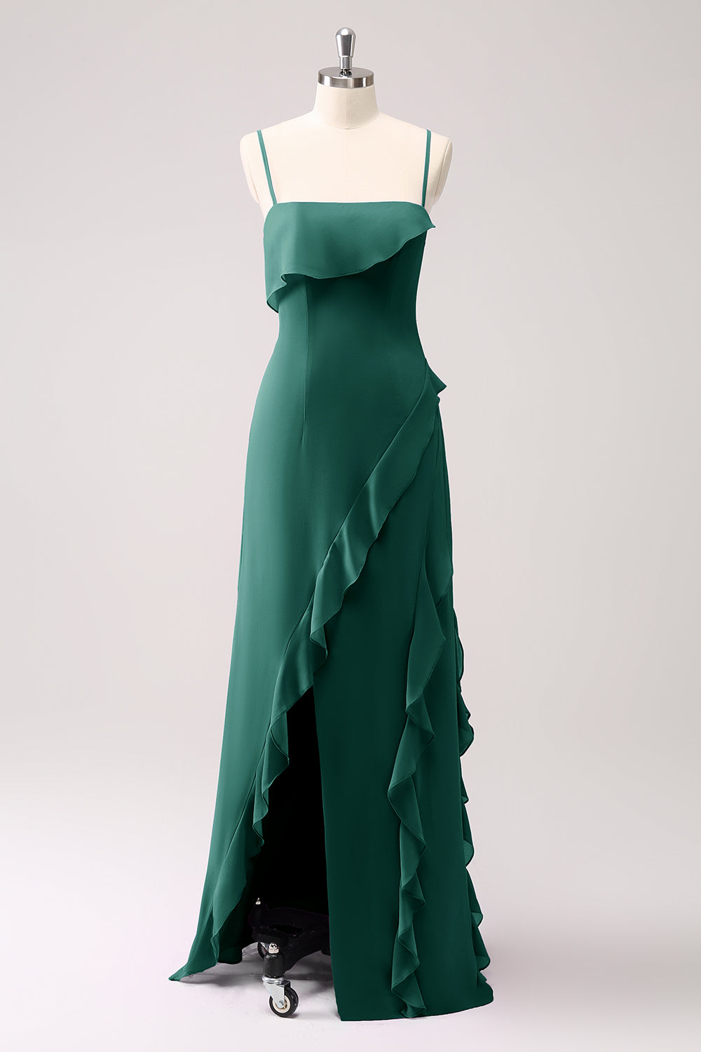 Wedtrend Women Sheath Bridesmaid Dress with Slit Spaghetti Straps Ruffle Long Wedding Party Guest Dress, Eucalyptus / US8