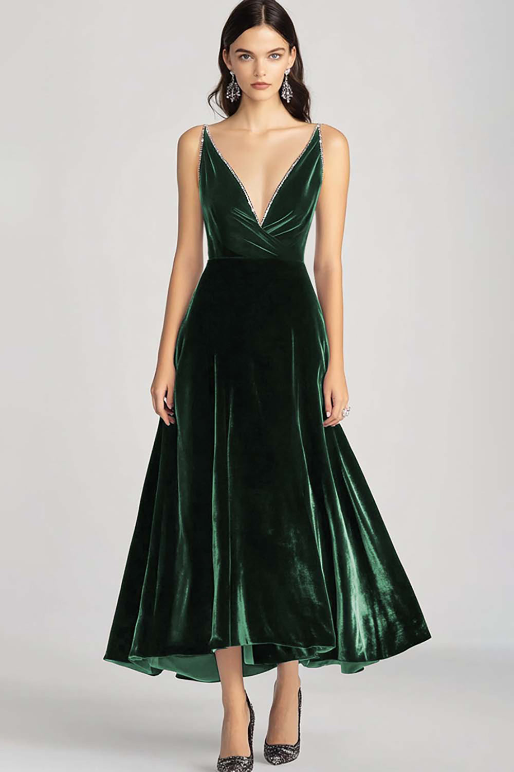 crushed velvet a line dress Black Velvet Strapless A-Line Midi Dress with Embellishments