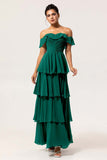 Eucalyptus A-Line Off The Shoulder Tiered Ruched Chiffon Long Bridesmaid Dress