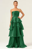 Blue A-Line Strapless Tiered Pleated Ruffled Floor Length Dress