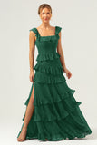 Dark Navy A-Line Square Neck Tiered Long Bridesmaid Dress
