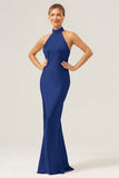 Champagne Sheath Halter Backless Long Satin Bridesmaid Dress with Slit