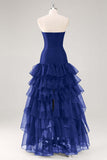 Black Tulle Strapless Tiered Formal Dress with Ruffles