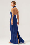 Champagne Sheath Halter Backless Long Satin Bridesmaid Dress with Slit