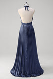 Royal Blue A-Line Halter Pleated Open Back Long Bridesmaid Dress