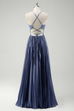 Grey Green A-Line Spaghetti Straps Pleated Long Bridesmaid Dress With Lace Up Back