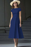A Line Daffodil Bateau Neck Midi Work Dress with Short Sleeves
