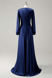 Agave A-Line Round Neck Satin Long Bridesmaid Dress with Long Sleeves