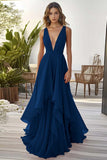 Dusty Sage V Neck A Line Long Formal Dress With Ruffles