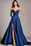 Strapless Satin A Line Long Formal Dress With Slit