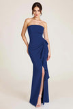 Dusty Sage Strapless Mermaid Ruched Wedding Guest Dress with Slit