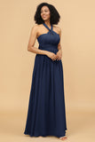 A Line One Shoulder V Neck Halter Neck Floor Length Grey Blue Bridesmaid Dress