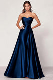 Black Strapless Satin Ruched A Line Long Formal Dress
