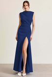 Black Bateau Neck Sheath Long Formal Dress With Slit