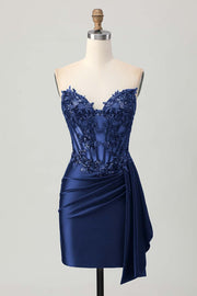 Dark Navy Strapless Sequins Tight Short Homecoming Dress with Side Cape