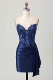 Dark Navy Strapless Sequins Tight Short Homecoming Dress with Side Cape