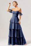 Eucalyptus A Line Off The Shoulder Tiered Long Bridesmaid Dress