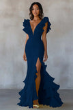 Daffodil Mermaid V Neck Ruffle Long Formal Dress With Slit