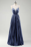 Grey Green A-Line Spaghetti Straps Pleated Long Bridesmaid Dress With Lace Up Back