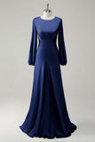 Agave A-Line Round Neck Satin Long Bridesmaid Dress with Long Sleeves