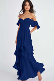 Off The Shoulder Black A Line Formal Dress With Ruffles