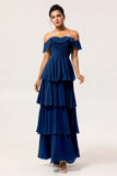 Eucalyptus A-Line Off The Shoulder Tiered Ruched Chiffon Long Bridesmaid Dress
