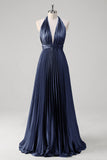 Royal Blue A-Line Halter Pleated Open Back Long Bridesmaid Dress
